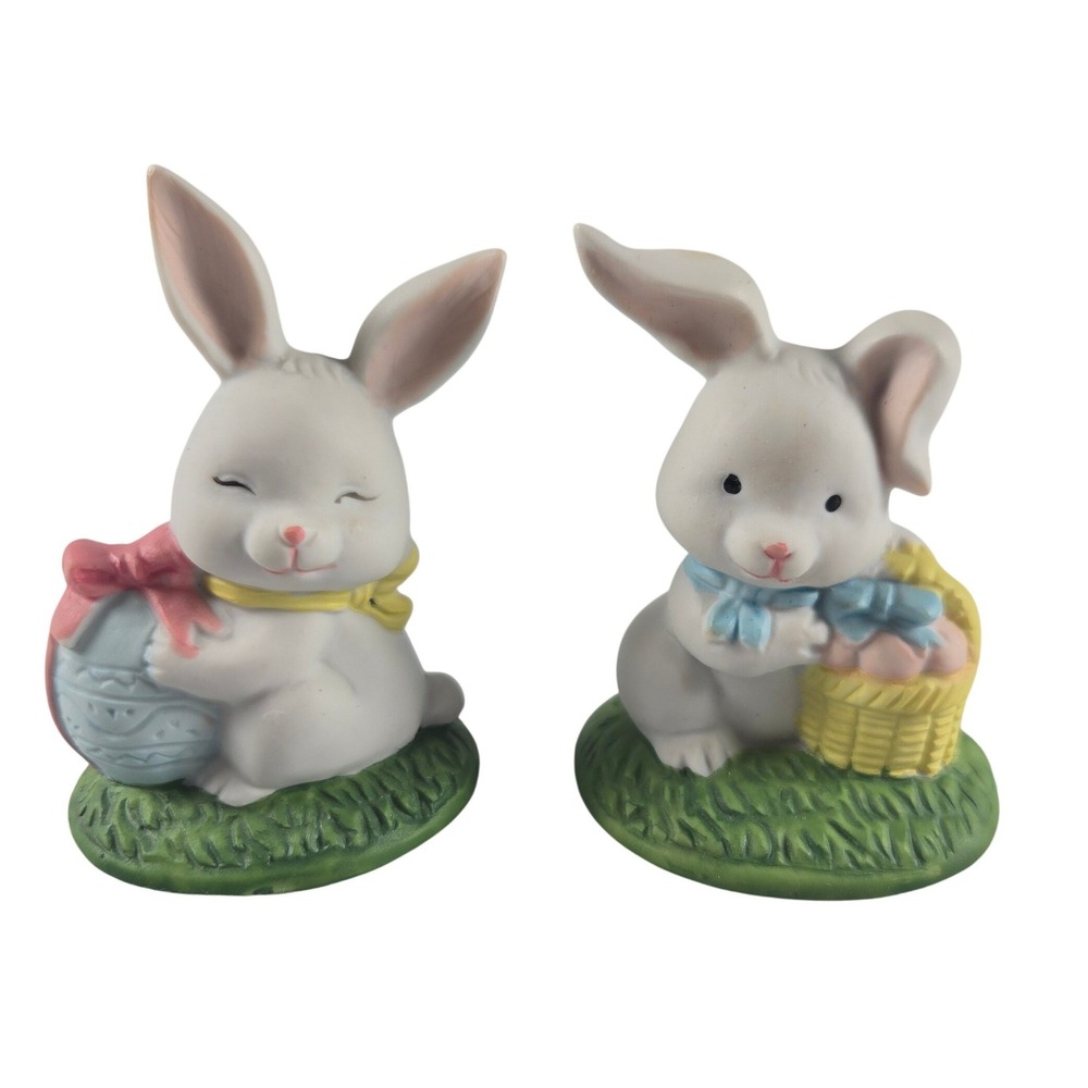 Vintage Easter Bunny Rabbit Figurines Set of 2 Pastel Egg Basket Spring Decor